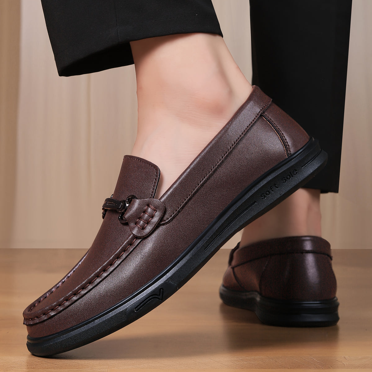 Men's Casual Genuine Leather Loafers with Adjustable Buckle, All-Seaso