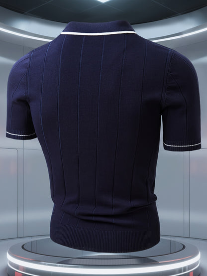 Men's Knitted Polo Shirt with Classic Vertical Stripes - ayq