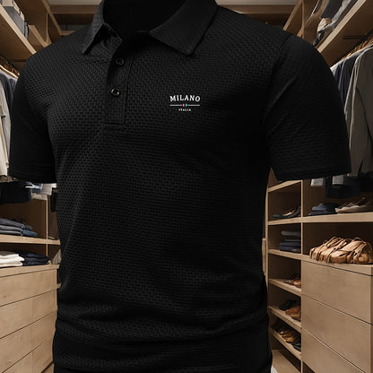 Men'S Middle East Inspired Geometric Pattern Casual Nylon Knit Shirt with Lapel Collar and Button Details, Regular Fit Short Sleeve Breathable Summer Top
