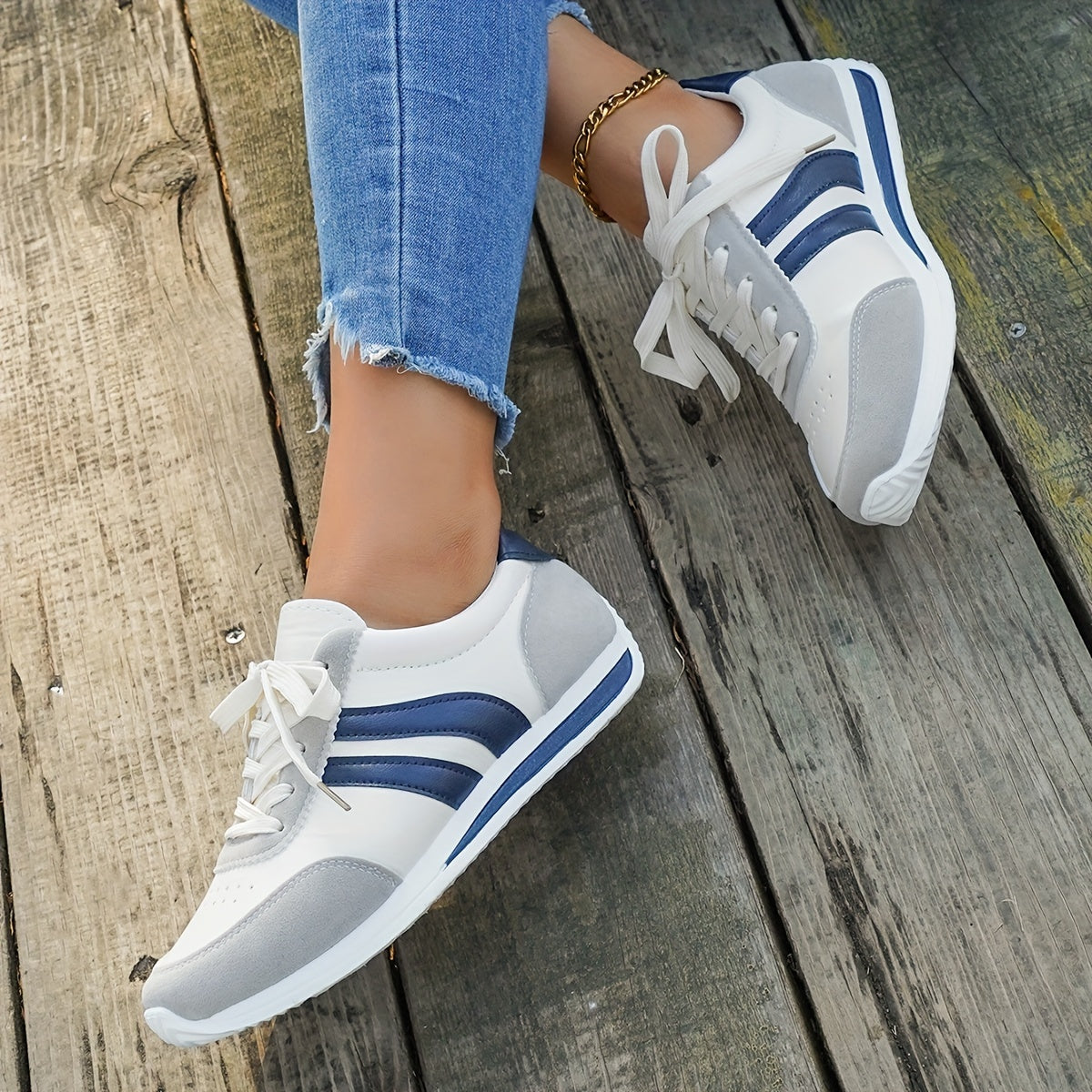 Women's Casual White Sneakers with Blue Accents - Breathable & Comfortable Lace-Up Running Shoes, Low-Top Fitness & Travel Footwear, Soft Rubber Sole, All-Season Wear