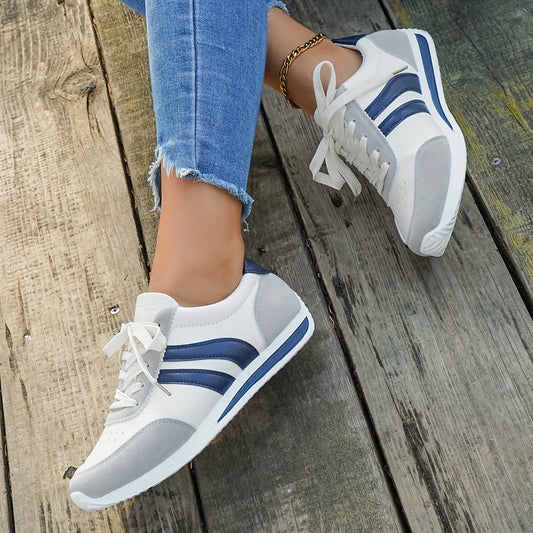Women's Casual White Sneakers with Blue Accents - Breathable & Comfortable Lace-Up Running Shoes, Low-Top Fitness & Travel Footwear, Soft Rubber Sole, All-Season Wear