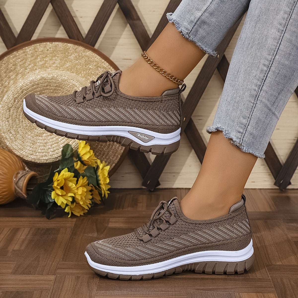 Women'S Knit Casual Sneakers - Stylish Striped Weave Pattern, Breathable Non-Slip Comfort Shoes with Rubber Sole for Outdoor Wear
