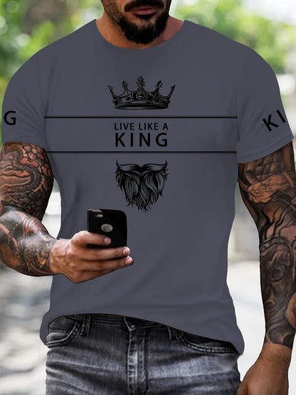 Men's 3D Digital Print T-Shirt with Crown  "LIVE LIKE A KING" Slogan - Casual Round Neck Regular Fit Machine Washable Graphic Tee for Casual Attire, Streetwear Fashion, Bold Statement Shirt, Durable Fabric Shirt