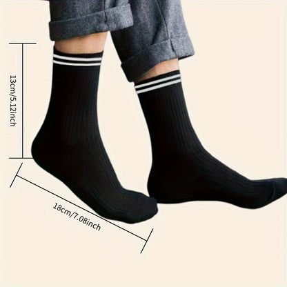 5/10 Pairs Men's Athletic Crew Socks, Striped Polyester Knit Fabric with 5% Spandex, Moisture-Wicking Casual Sports Tube Socks for Spring and Autumn