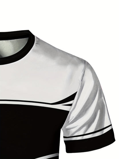 Geometric print high stretch skinny fit short sleeve crew neck T-shirt, quick-drying sports top for summer fitness, training and gym wear