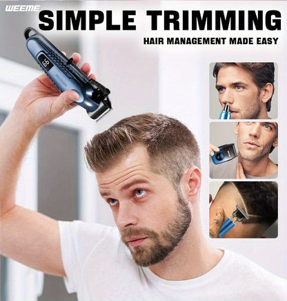 WEEME 4pcs Men's Electric Hair Clipper Set, Beard Trimmer Set, Household Facial Cleansing Set. Hair Cutting, Shaving, Trimming of Nasal Hair, Trimming of Sideburns, Facial Hair Cleaning. USB Charging. for Household Use, Vehic