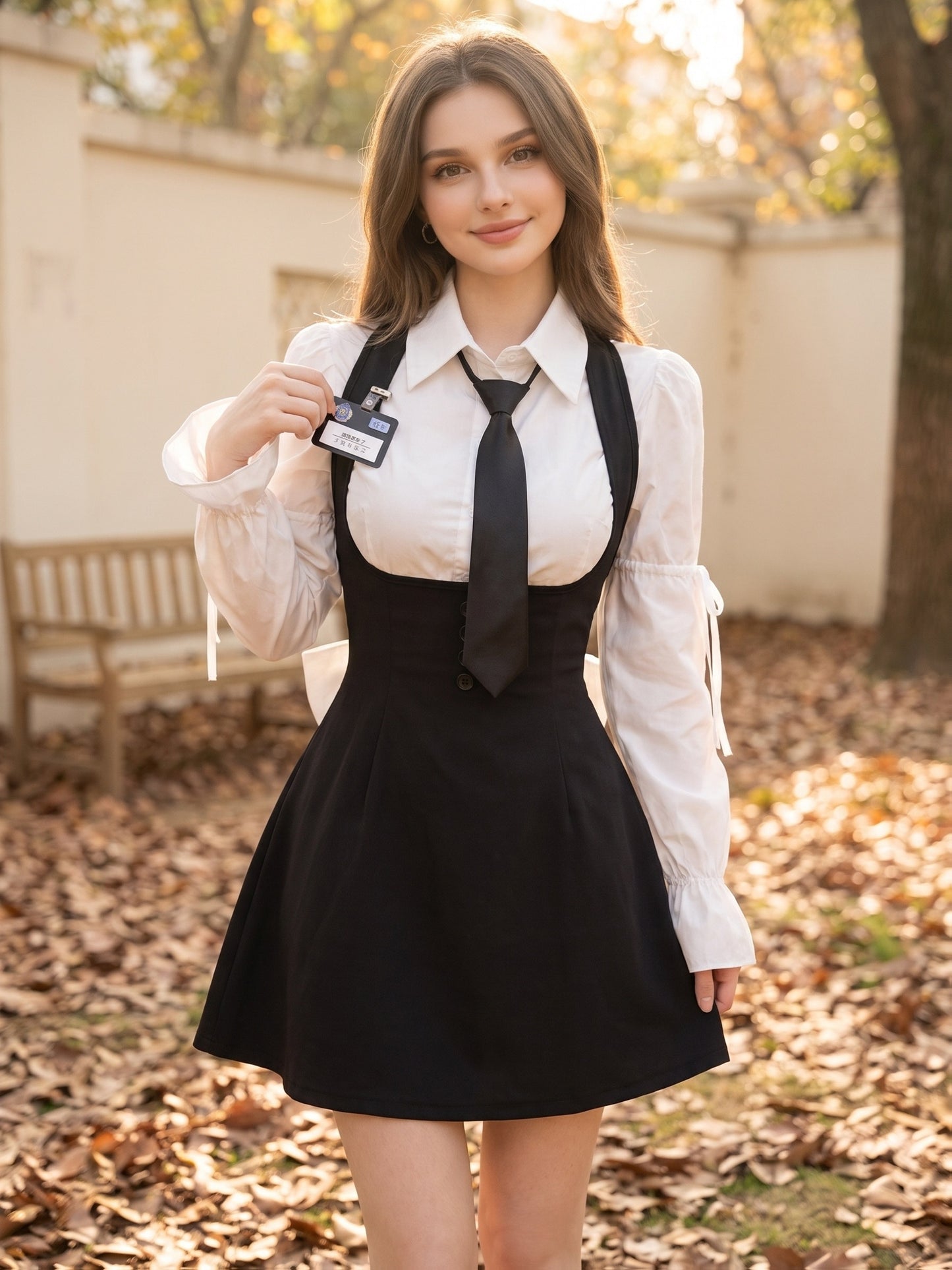 Cute Academic Style Uniform Set with Puff Sleeve Shirt & Suspender Ski
