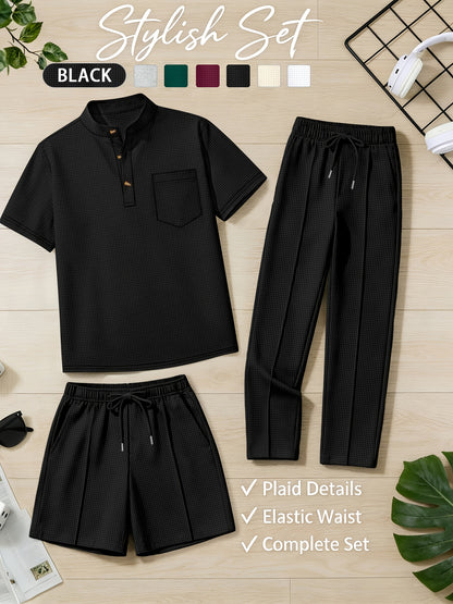Men's Casual Stand Collar Shirt & Elastic Waist Shorts Set