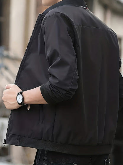 1pc Men'S Casual Stand Collar Bomber Jacket, Solid Color Long Sleeve Non-Stretch Woven Acetate with Pockets, Polyester Lined Zip-Up Lightweight Outerwear for Spring/Fall