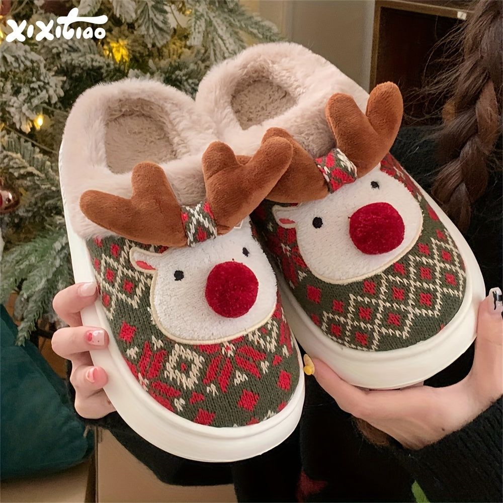 XIXITIAO Women's /Korean Style Winter Slippers - Deer & Reindeer Pattern Cozy Warm Booties, Soft Fabric & Sole for Indoor/Outdoor Use, Cute Animal Shoe for Christmas, Hand Washable