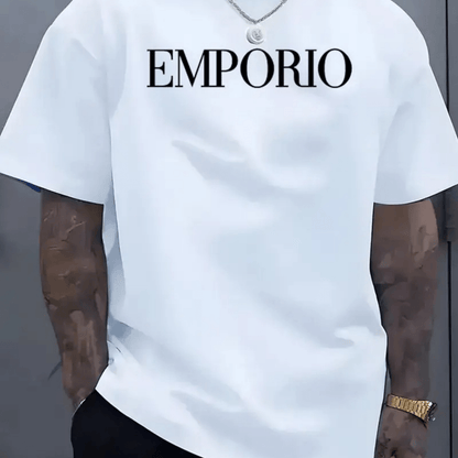 2025 New Men'S Casual Short Sleeve T-Shirt - "EMPRIO" Print, Black with White Lettering, Lightweight  Breathable Fabric, Perfect for Summer Beach Outings  Outdoor Adventures, Beach T Shirt
