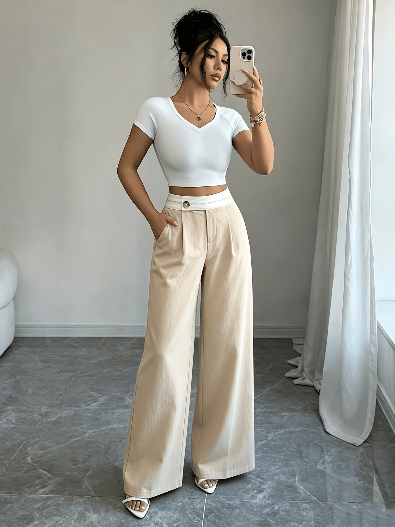 Women's Elegant Mid-Rise Straight-Leg Polyester Pants for Spring