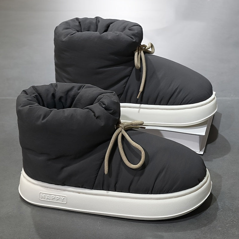 Տղամարդկանց և կանանց ձմեռային կոշիկներ՝ փափուկ աստառով, փափուկ գործվածքից պատրաստված վերին մասով և EVA ներբանով, կլոր քթով կարճ կոշիկներ՝ ներսի/դրսի համար, ունիսեքս առօրյա կոշիկներ՝ սև/մոխրագույն/մուգ կապույտ գույներով - All-Season Com