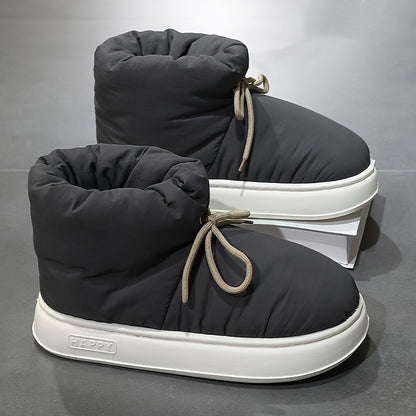 Տղամարդկանց և կանանց ձմեռային կոշիկներ՝ փափուկ աստառով, փափուկ գործվածքից պատրաստված վերին մասով և EVA ներբանով, կլոր քթով կարճ կոշիկներ՝ ներսի/դրսի համար, ունիսեքս առօրյա կոշիկներ՝ սև/մոխրագույն/մուգ կապույտ գույներով - All-Season Com