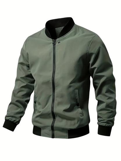 1pc Men'S Casual Stand Collar Bomber Jacket, Solid Color Long Sleeve Non-Stretch Woven Acetate with Pockets, Polyester Lined Zip-Up Lightweight Outerwear for Spring/Fall