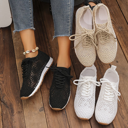 Women's Summer Solid Color Lace-Up Mesh Casual Shoes, Breathable Fabric with Rubber Sole, Net Fabric