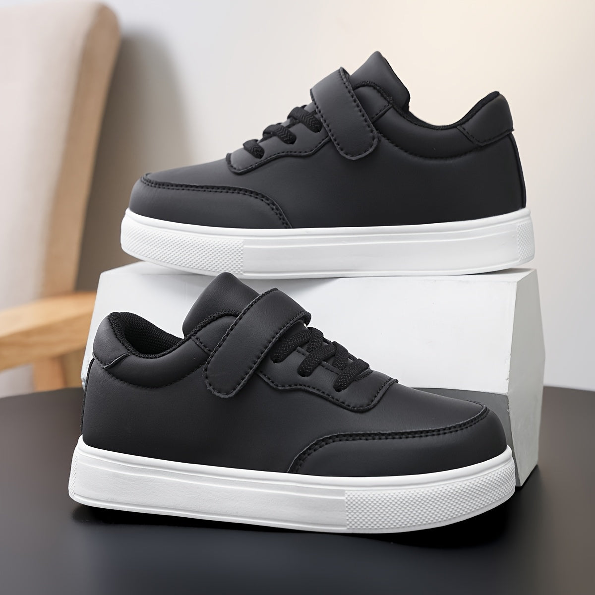 Kids Glossy PU Sports Shoes with Hook-and-Loop Closure