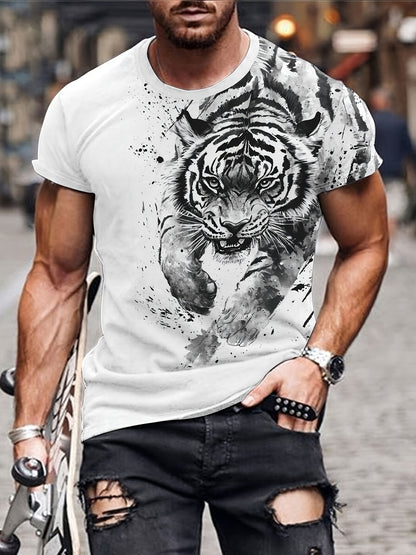 Men'S 3D Tiger Print T-Shirt - Casual Streetwear Short Sleeve, White with Black  Gray Tiger Design, Comfortable Summer Polyester Tee for Casual Attire, Urban Style Apparel   Tiger Graphic Tee   Quality Embroider