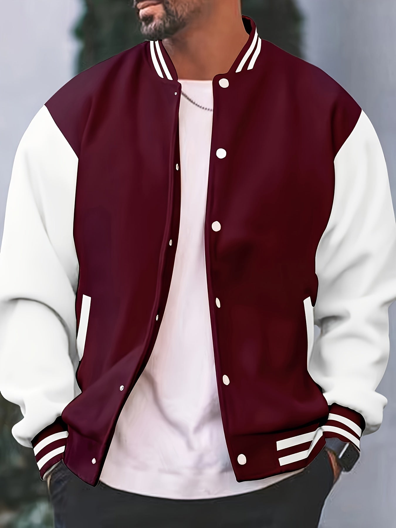 [Bold Design] Men's Stylish Black & White Varsity Jacket - Casual Baseball Coat with Pockets, Button-Up Front, Long Sleeve, Polyester Blend, Perfect for Fall & Winter, Casual Sportswear | Casual Fashion Jacket | Cotton Comfor