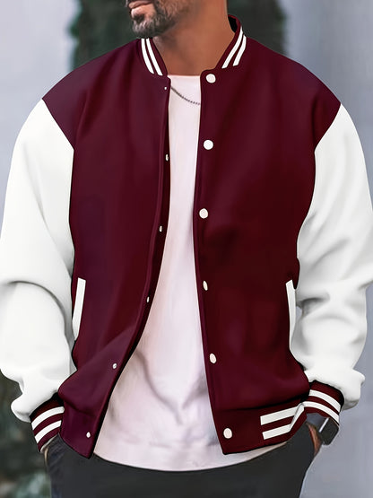 [Bold Design] Men's Stylish Black & White Varsity Jacket - Casual Baseball Coat with Pockets, Button-Up Front, Long Sleeve, Polyester Blend, Perfect for Fall & Winter, Casual Sportswear | Casual Fashion Jacket | Cotton Comfor