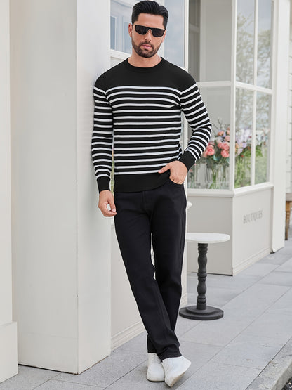 Գարնանային և աշնանային ամենօրյա երկգույն գծավոր տղամարդու սվիտեր-պուլովեր՝ գունավոր բլոկներով, կլոր վզնոցով, տղամարդու տրիկոտաժե վերնաշապիկ