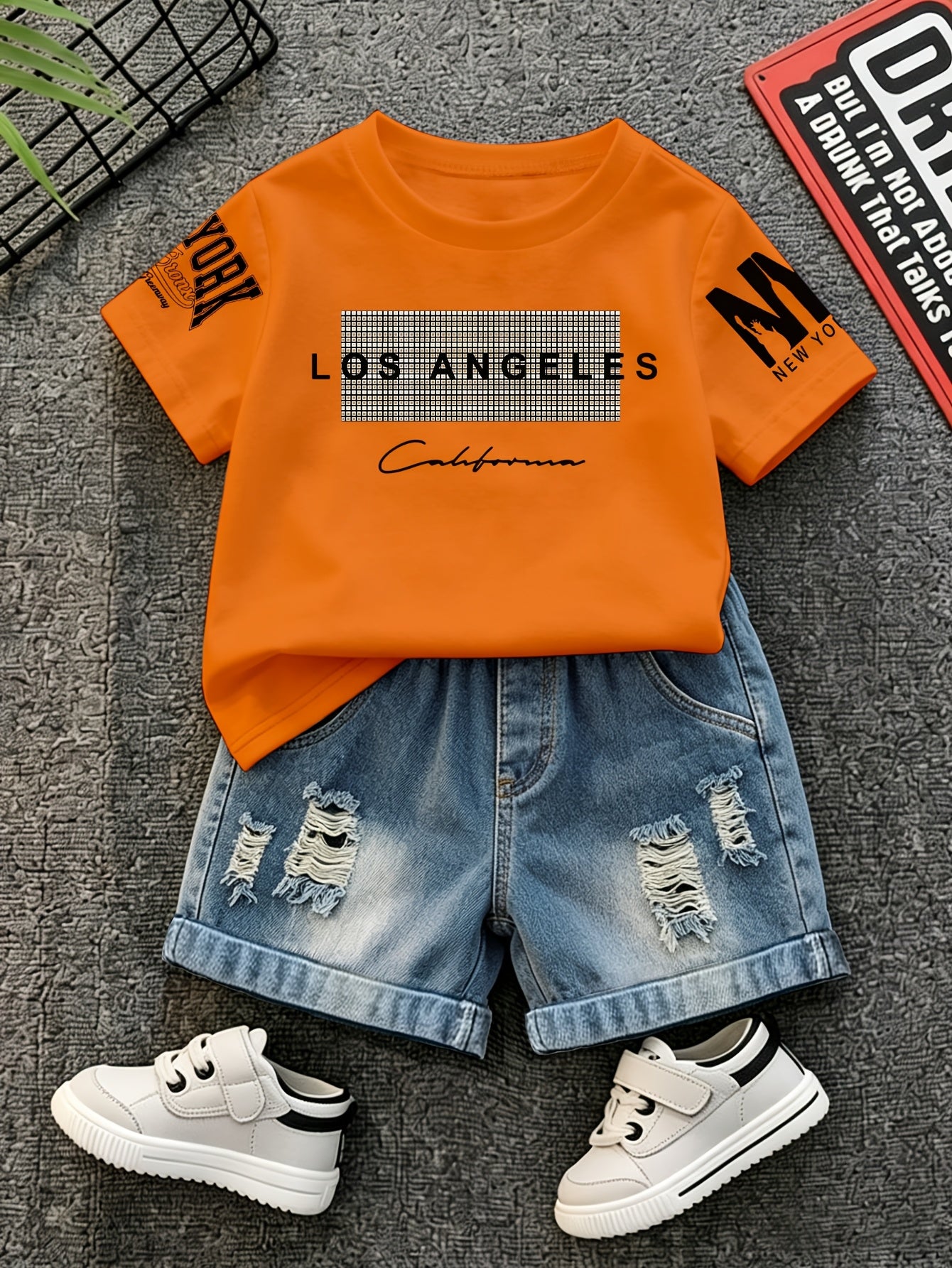 Summer Boys Los Angeles Print T-Shirt & Distressed Shorts Set