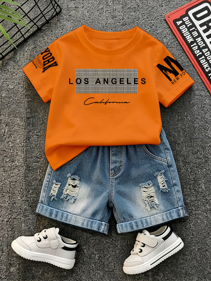 Summer Boys Los Angeles Print T-Shirt & Distressed Shorts Set