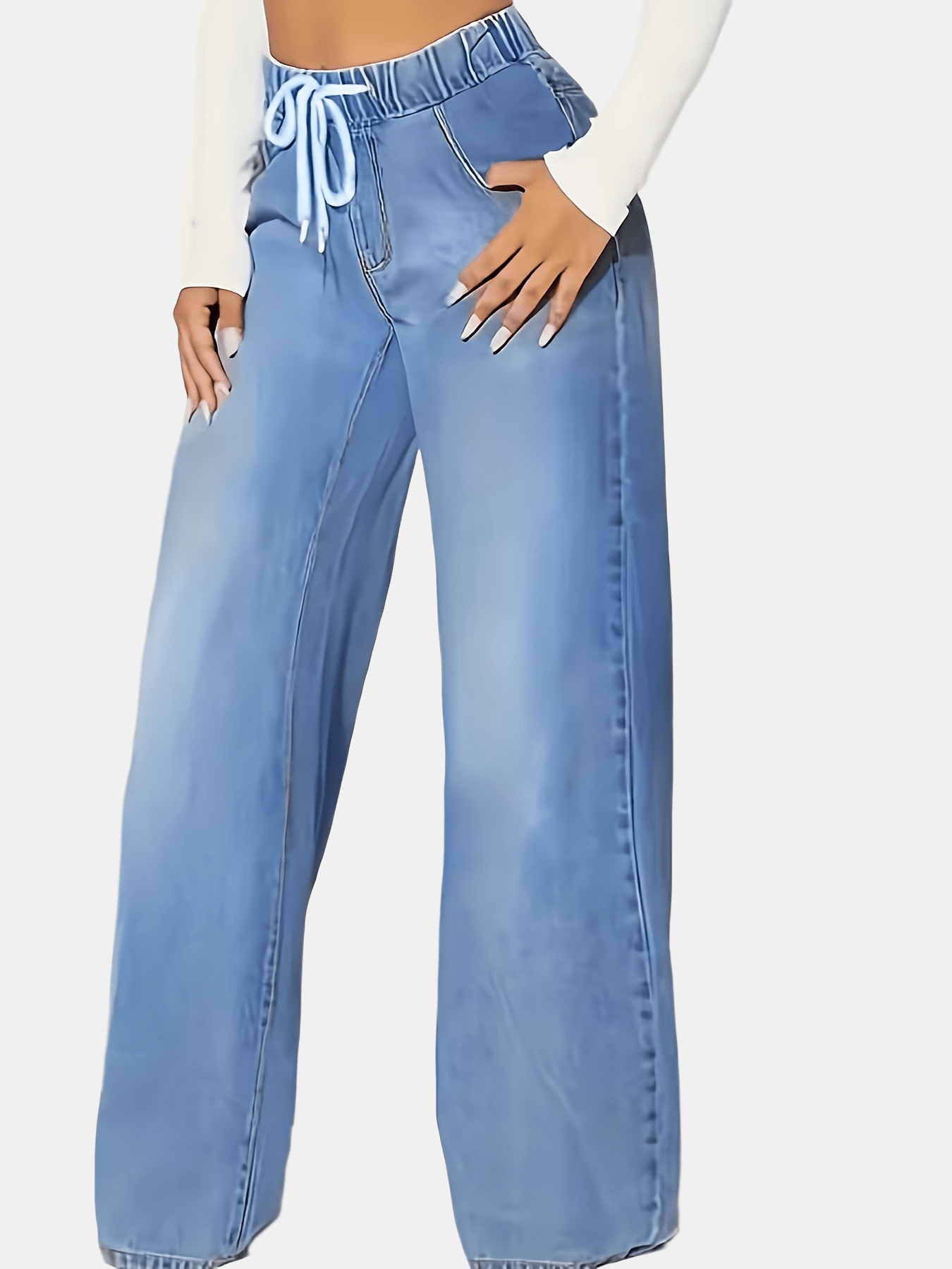 Ladies' Light Blue Elastic Waist Drawstring Washed Stretchy Elegant Straight-Leg Wide-Leg Jeans with Slant Pockets.
