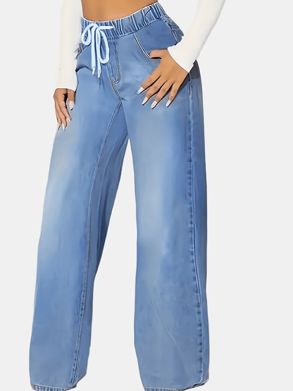 Ladies' Light Blue Elastic Waist Drawstring Washed Stretchy Elegant Straight-Leg Wide-Leg Jeans with Slant Pockets.