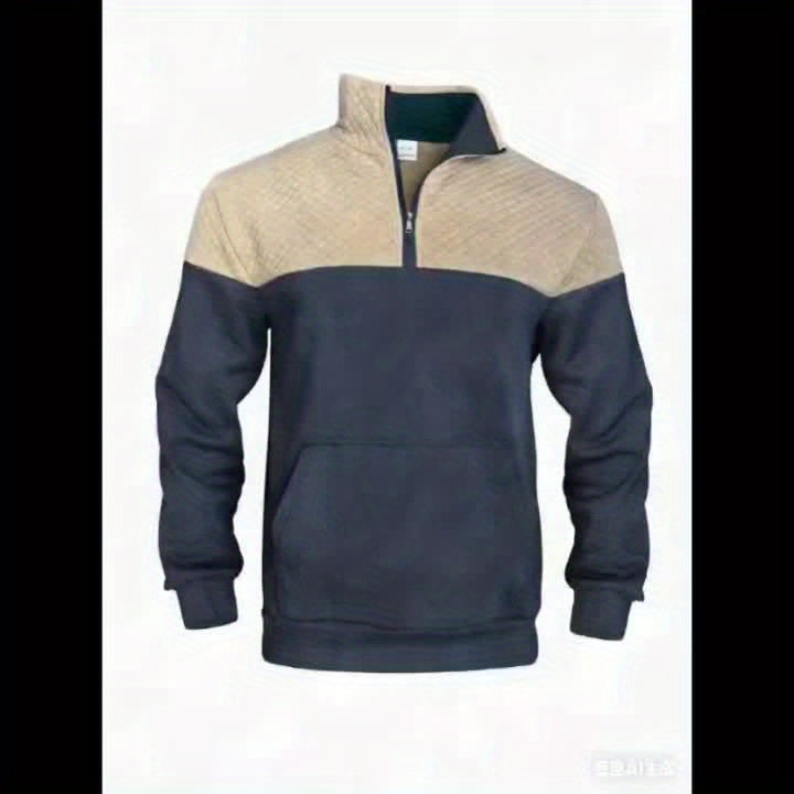 Տղամարդու աշնանային և ձմեռային կիսաճտքավոր սպորտային սվիտեր՝ հարմար մարզումների, վազքի և ֆիթնեսի համար, ոճային և հարմարավետ դիզայնով, փոքր վանդակավոր կանգնած օձիքով և հասանելի է մեծ չափսերով։