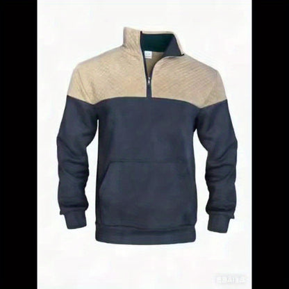 Տղամարդու աշնանային և ձմեռային կիսաճտքավոր սպորտային սվիտեր՝ հարմար մարզումների, վազքի և ֆիթնեսի համար, ոճային և հարմարավետ դիզայնով, փոքր վանդակավոր կանգնած օձիքով և հասանելի է մեծ չափսերով։