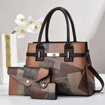 3-Piece Women's Faux Leather Handbag Set with Adjustable Strap