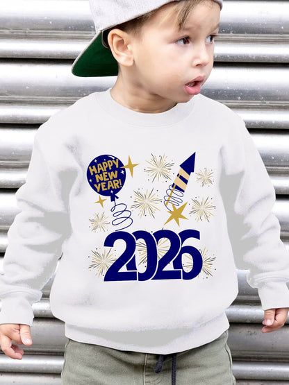 Boys' 2026 New Year Rocket & Fireworks Print Sweatshirt - Winter Warm Long Sleeve Sweater with 2026 Number Design, Casual Round Neck Pullover for Christmas & Parties ( to)