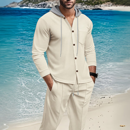 Men'S Lightweight Hooded Cardigan - Long Sleeve Sweater Jacket, Button-Front Closure, Light Grey Casual Outerwear for Office, Casual Attire - Breathable Fall/Spring Layering Essential, Sweater Cardigan, Waffle Texture, Durabl