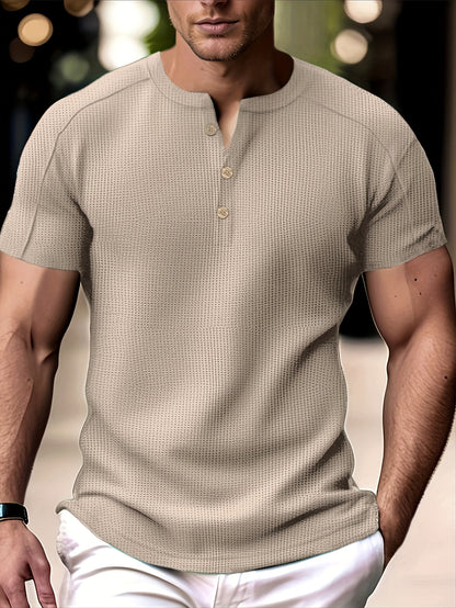 Men'S Long-Sleeve Henry Shirt in Knitted Waffle Style, Featuring Stylish Buttons And a Solid Color, Perfect for High-Quality Casual Outdoor Wear in Spring And Summer.