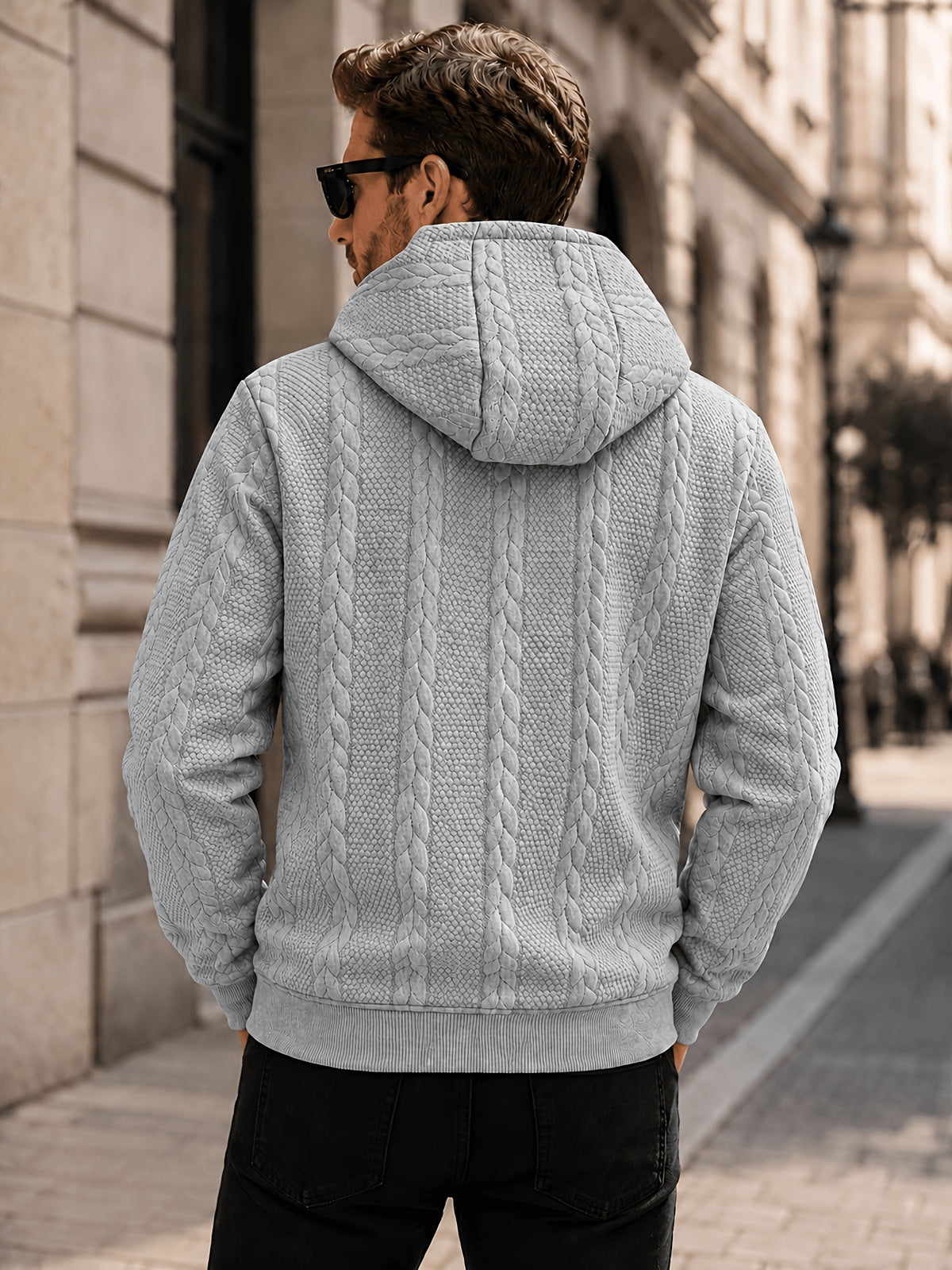 Men's Thickened Hooded Jacket with Cable Knit Embossing