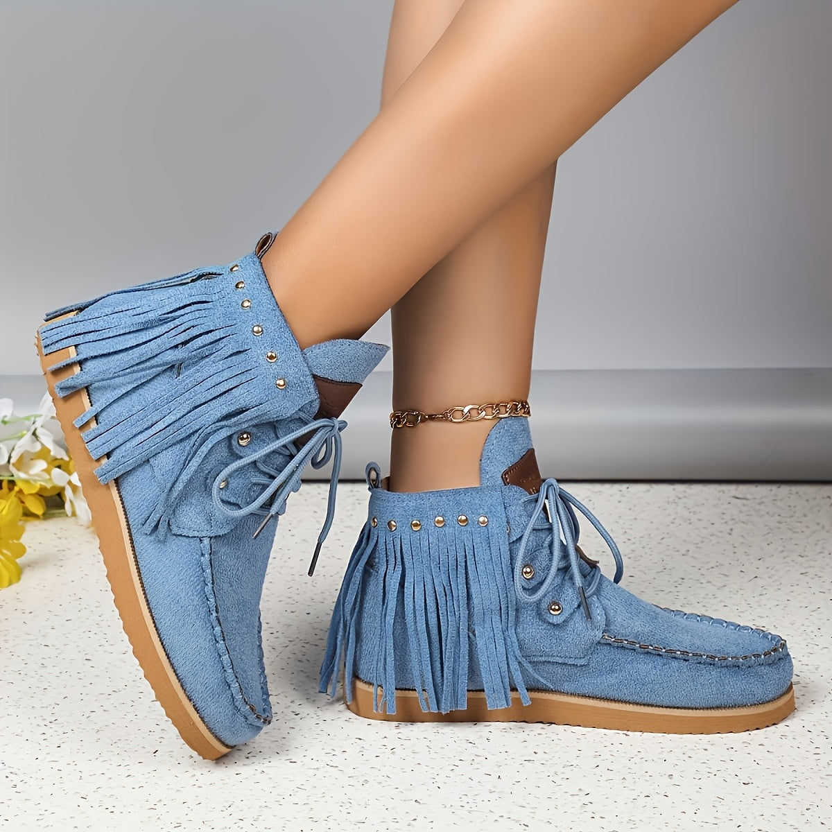 Women'S Fashion Solid Color Tassel and Rivet Chunky Sole Anti-Slip Soft Sole Chelsea Boots, Round Toe Lace-Up Zipper Western Cowboy Boots, Casual All-Season Comfort Flat Heel Dress Boots with Superfine Fiber Upper/Inner & Rub