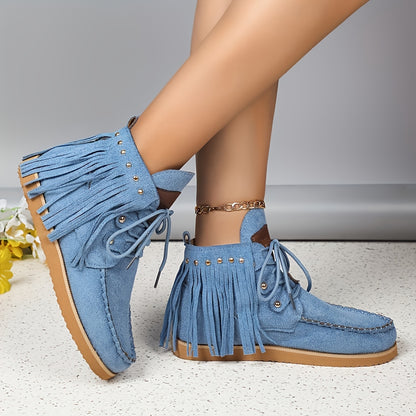 Women'S Fashion Solid Color Tassel and Rivet Chunky Sole Anti-Slip Soft Sole Chelsea Boots, Round Toe Lace-Up Zipper Western Cowboy Boots, Casual All-Season Comfort Flat Heel Dress Boots with Superfine Fiber Upper/Inner & Rub