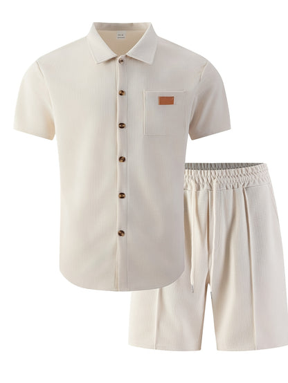 Men's 3-Piece Casual Waffle Knit Summer Set with Shirt & Shorts