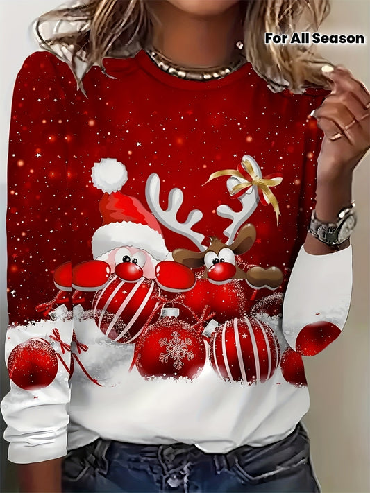 Women's Christmas Long Sleeve T-Shirt - Red & White Santa Reindeer Candy Cane Snowflake Print Sweater-like Top, Round Neck Casual Holiday Party Outfit, Machine Washable Winter Blouse (All-Season Wear), Christmas Clothes Women