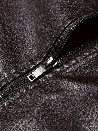 Men's Stylish Burgundy Jacket - Fall/Winter Trendy Stand Collar Biker Jacket with Multiple Zippered Pockets, Casual Design for Casual Attire, Fall Jacket | Modern Casual Jacket | Glossy Finish Jacket - ayq
