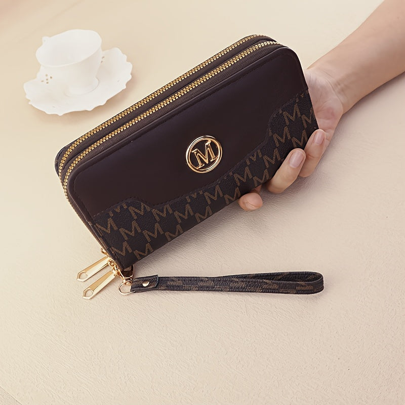 Women'S Elegant Patchwork Wallet & Wristlet Clutch - Large Capacity Double-Zip Coin Purse with Golden-Tone M-Logo, Golden-Tone Hardware & Wrist Strap