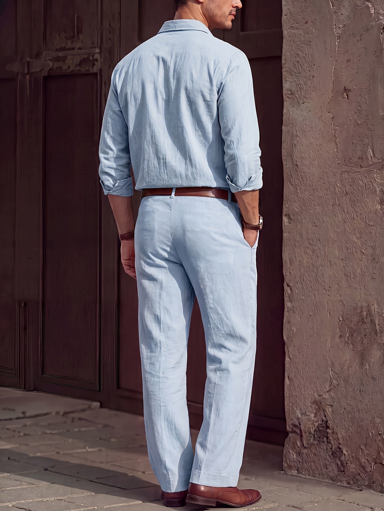 Men's Lightweight Linen Long-Sleeve Shirt & Pants Set for Spring/Fall