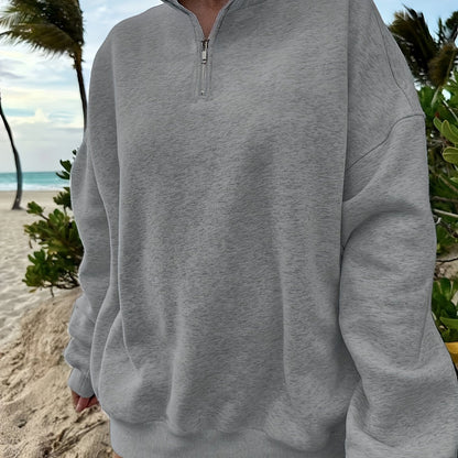 Women's Casual Heather Gray Half-Zip Sweatshirt - Soft Polyester & Elastane Blend, Long Sleeve, Stand Collar, Machine Washable - Perfect for Spring/Fall