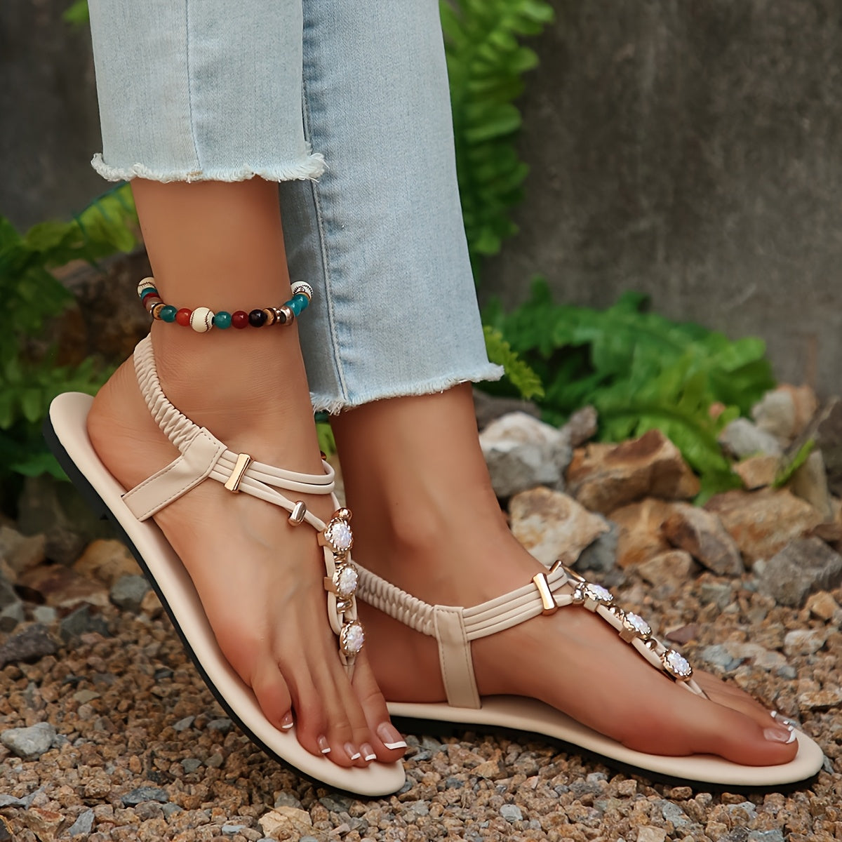 Elegant Summer Women's Flat Sandals with Rhinestone Embellishments and Strappy Back, Split Toe Design, Rubber Sole – Non-Washable, Man Made Materials – Taizhou-Origin