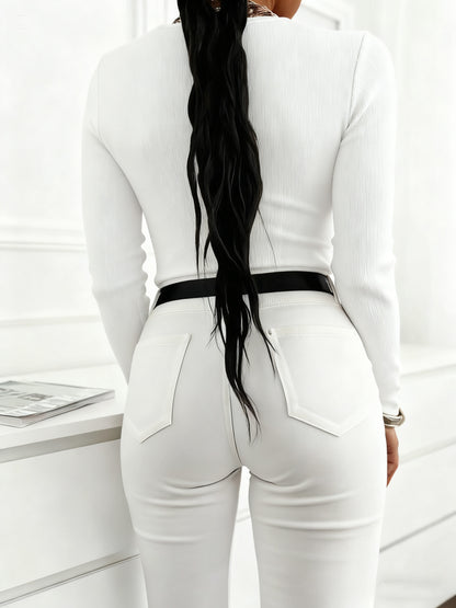 Cute, Personality, Square Neck Ribbed Tank Top with Golden Buttons, Long Sleeve + Crop Cut, Slim Fit to Show Clavicle, Stylish for Inner and Outer Wear, Versatile for Daily Commute