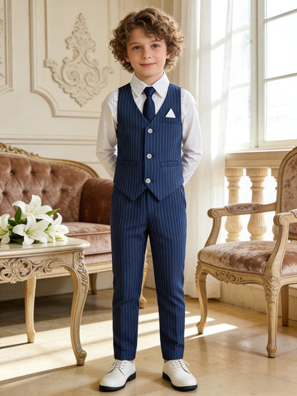 Boys' Striped Vest Suit Set with Tie - Formal 3pcs Outfit