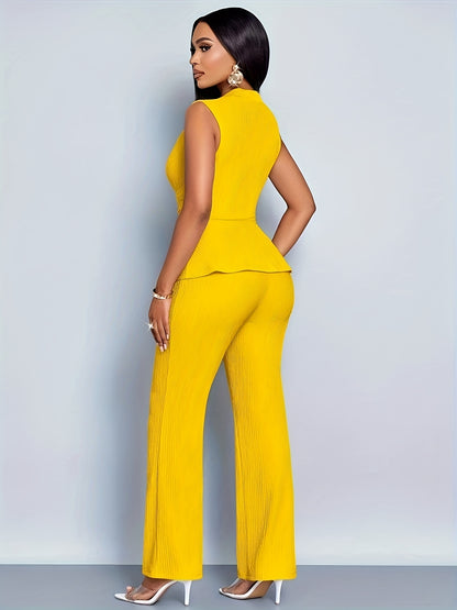 Women's Elegant V-Neck Sleeveless T-Shirt and Wide-Leg Pants Two-Piece Set, Asymmetrical Hem Casual Spring/Summer Outfit