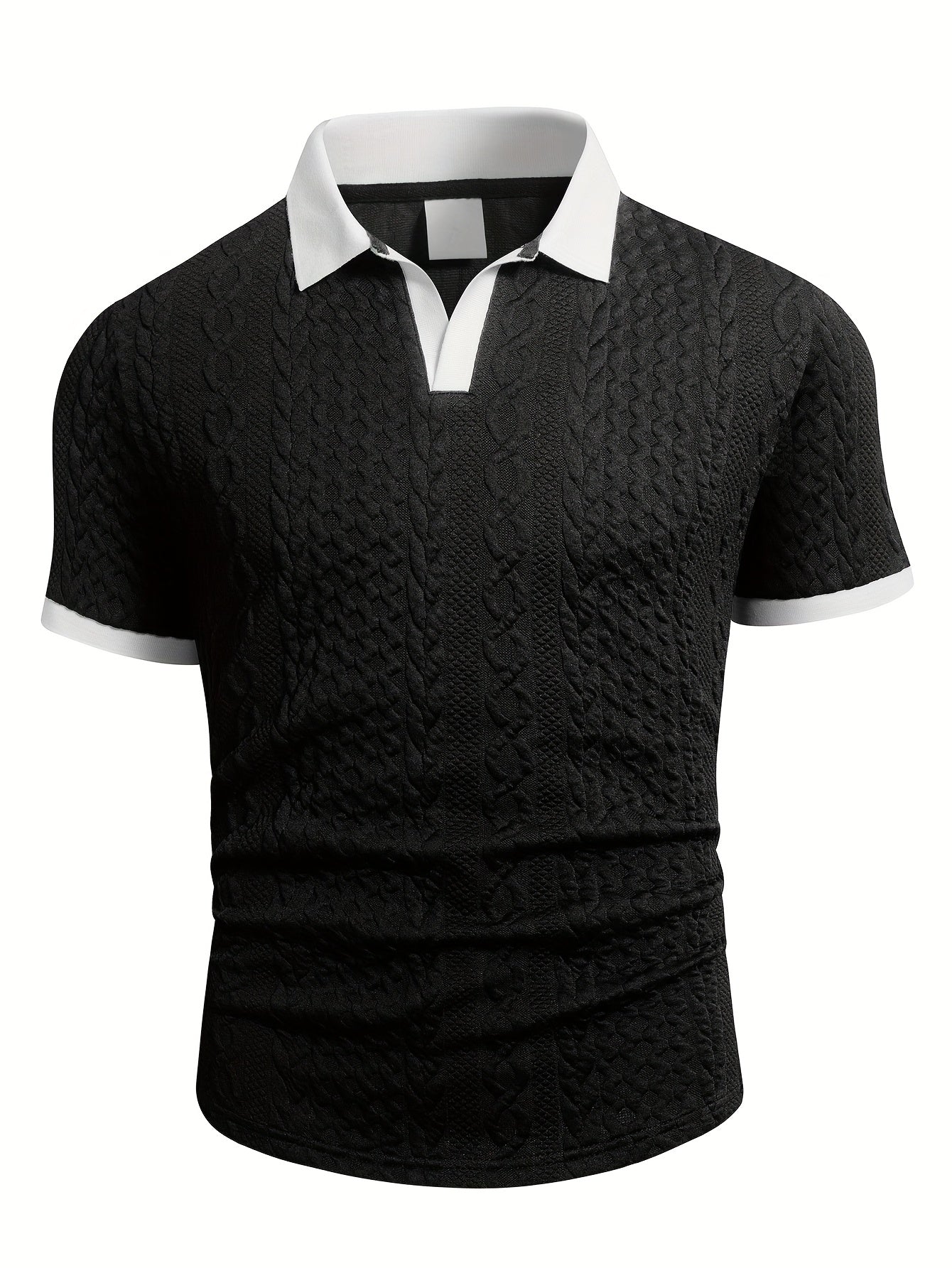 Summer Breathable Italian-style Color-blocked Light-mature Trendy Men's Shirt with V-neck, Slight Stretch, Jacquard Texture, Slim-fit Short Sleeves, Knitted - ayq