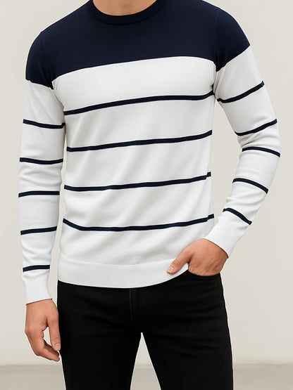 Men'S All-Season Knit Sweater - Soft Stretchy Pullover with Black & Grey Horizontal Stripes, Anti-Pilling Fabric for Everyday & Formal Wear - Year-Round Layering Essential for Office, Casual Outfits, Sweater, Office Attire, C